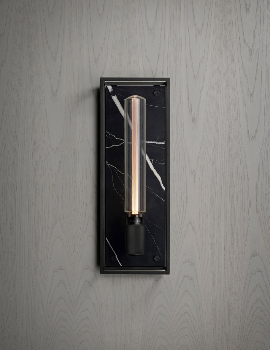 CAGED wall 1.0 / large / satin black marble featuring the BUSTER BULB / tube LED light bulb